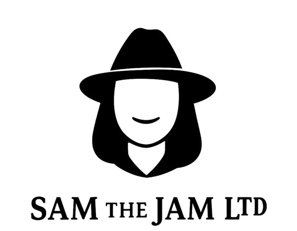 Logo of SAM the JAM LTD with a stylized face wearing a hat on a white background
